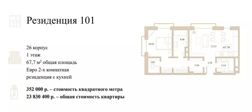 Пример планировки резиденции (апартаментов) с кухней 